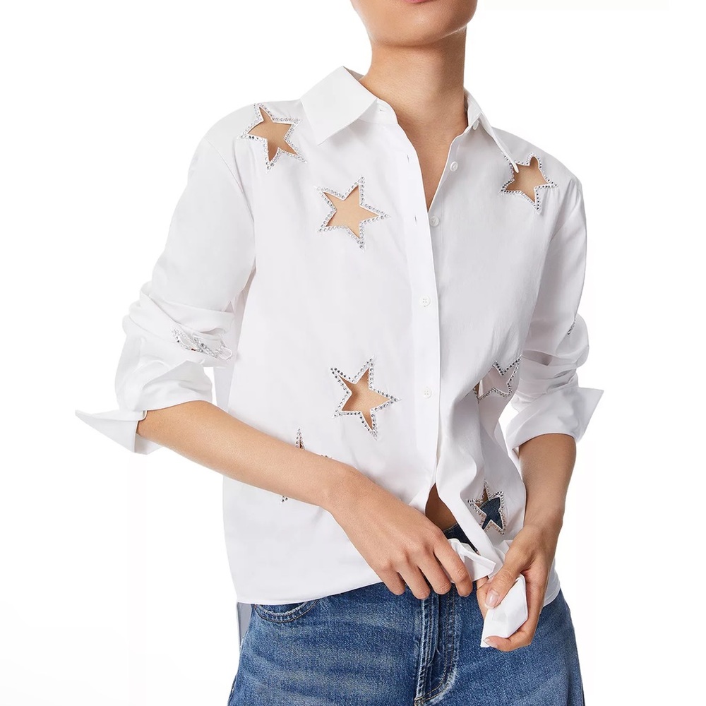 NWT Alice + Olivia Finely Embellished Rhinestone Star Cutout Button Up Shirt XS - Picture 5 of 6